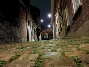 Sara Perosa taking a pathway at night in Belgium in November 2017
